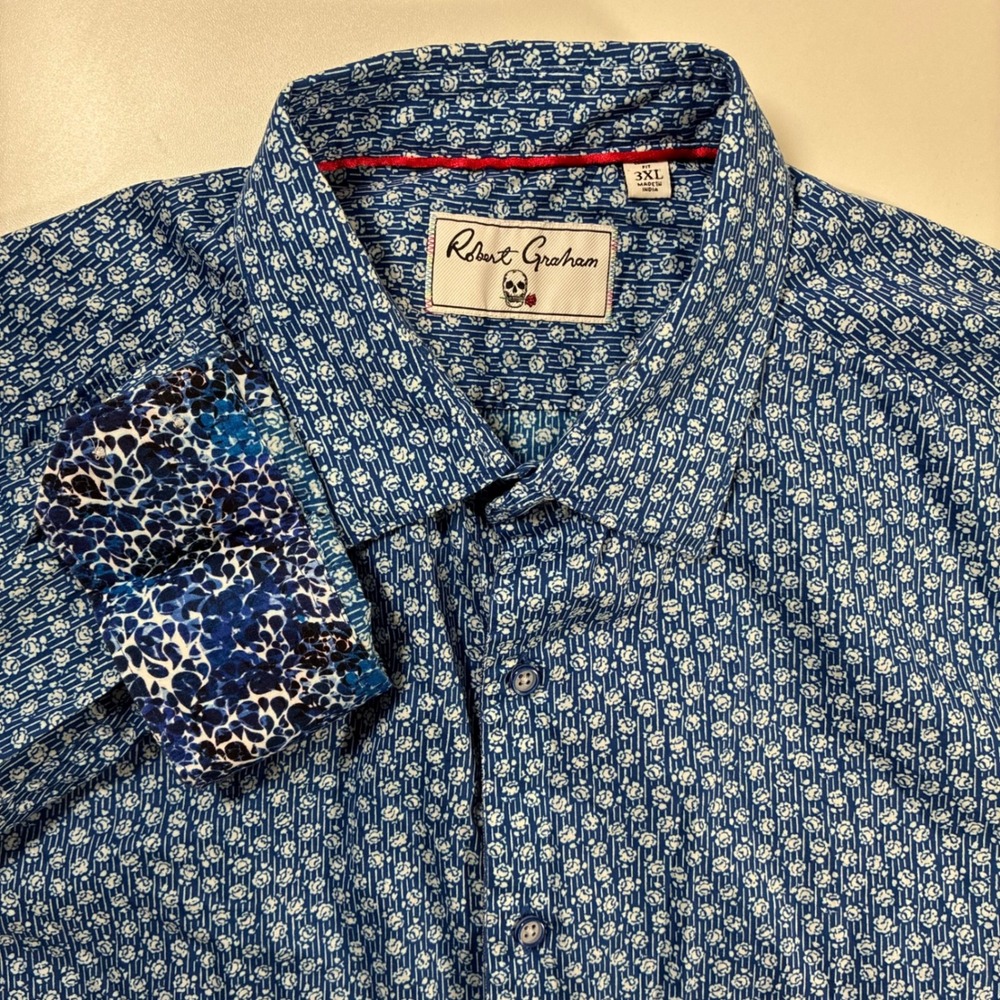 Robert Graham Shirt 3XL Blue Floral Rose All Over Print AOP Paisley Flip Cuff